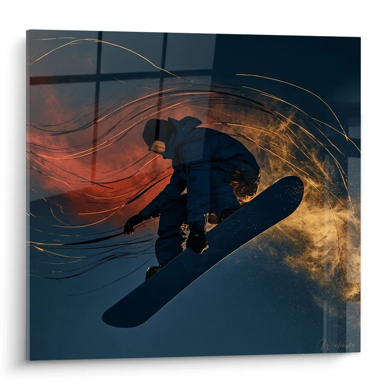 Tableau Snowboardeur bleu marine aux volutes dorées - Envol suspendu - Edition Snowboard