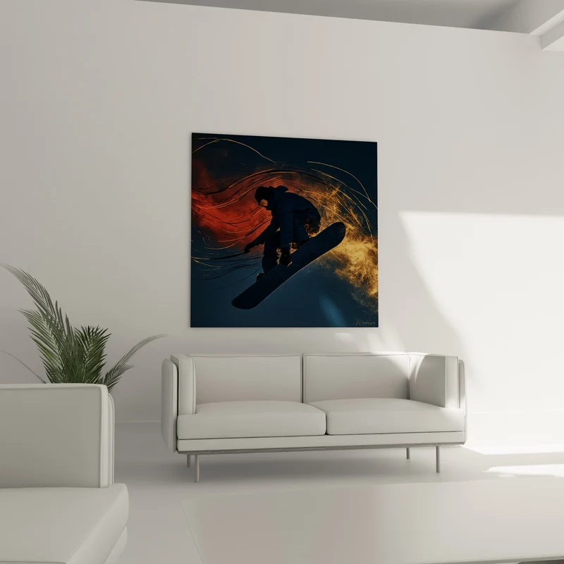 Tableau Snowboardeur bleu marine aux volutes dorées - Envol suspendu - Edition Snowboard