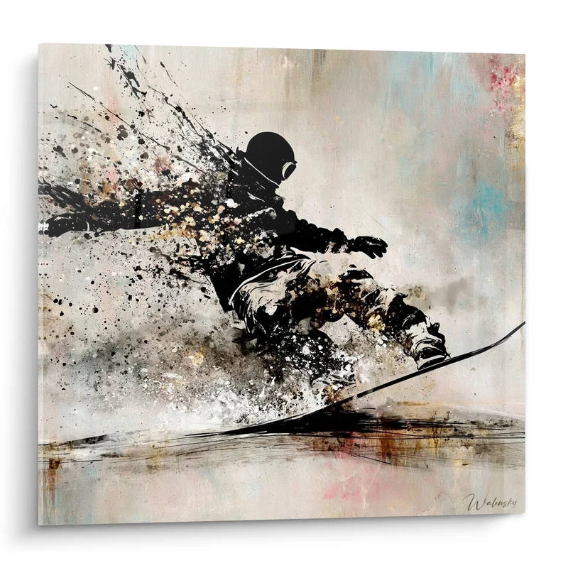 Tableau Snowboardeur noir aux éclaboussures dorées - Éruption de poudreuse - Edition Snowboard