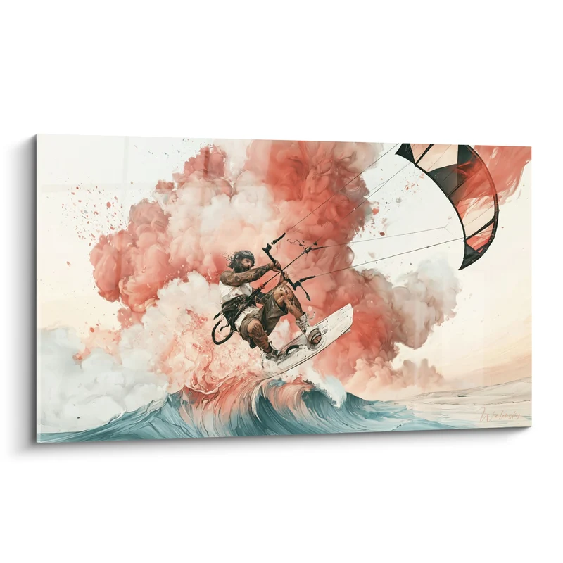 Tableau Kitesurfeur tatoué nuage corail et turquoise - Fumée rosée en explosion - Edition Kite surf