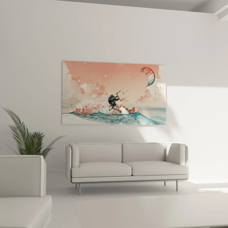 Tableau Kitesurfeur sur vague corail et bleu - Élan sur l'écume - Edition Kite surf