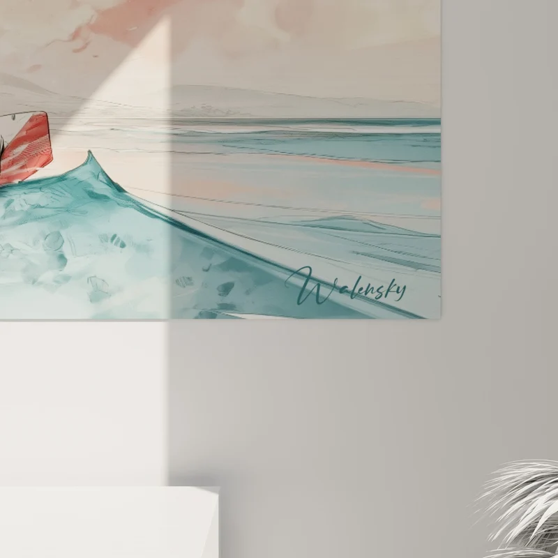 Tableau Kitesurfeur sur vague corail et bleu - Élan sur l'écume - Edition Kite surf