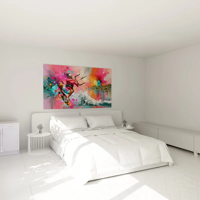 Tableau Kitesurfeur rose et turquoise sur planche colorée - Envol tropical - Edition Kite surf