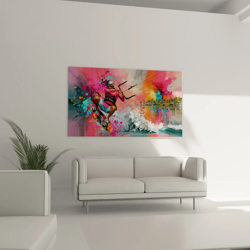 Tableau Kitesurfeur rose et turquoise sur planche colorée - Envol tropical - Edition Kite surf