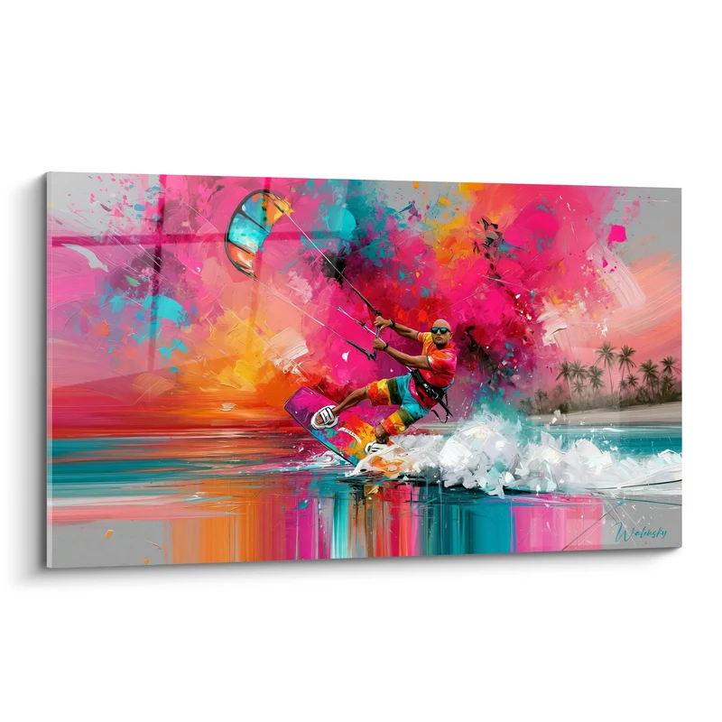 Tableau Kitesurfeur sur vagues roses et turquoise - Fureur tropicale - Edition Kite surf