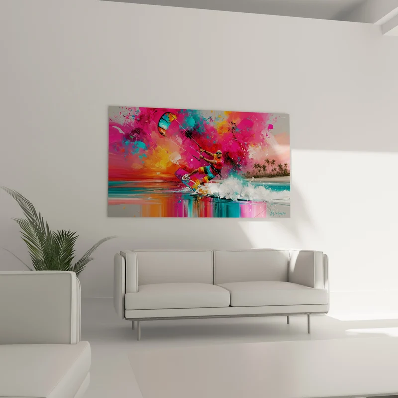Tableau Kitesurfeur sur vagues roses et turquoise - Fureur tropicale - Edition Kite surf
