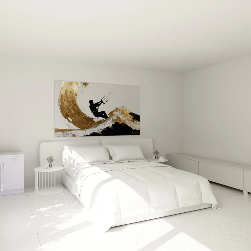 Tableau Kitesurfeur silhouette noire vague dorée - Élan sur la crête - Edition Kite surf