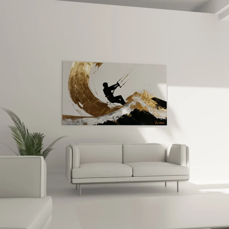 Tableau Kitesurfeur silhouette noire vague dorée - Élan sur la crête - Edition Kite surf