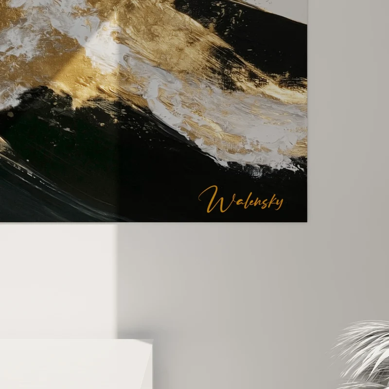 Tableau Kitesurfeur silhouette noire vague dorée - Élan sur la crête - Edition Kite surf