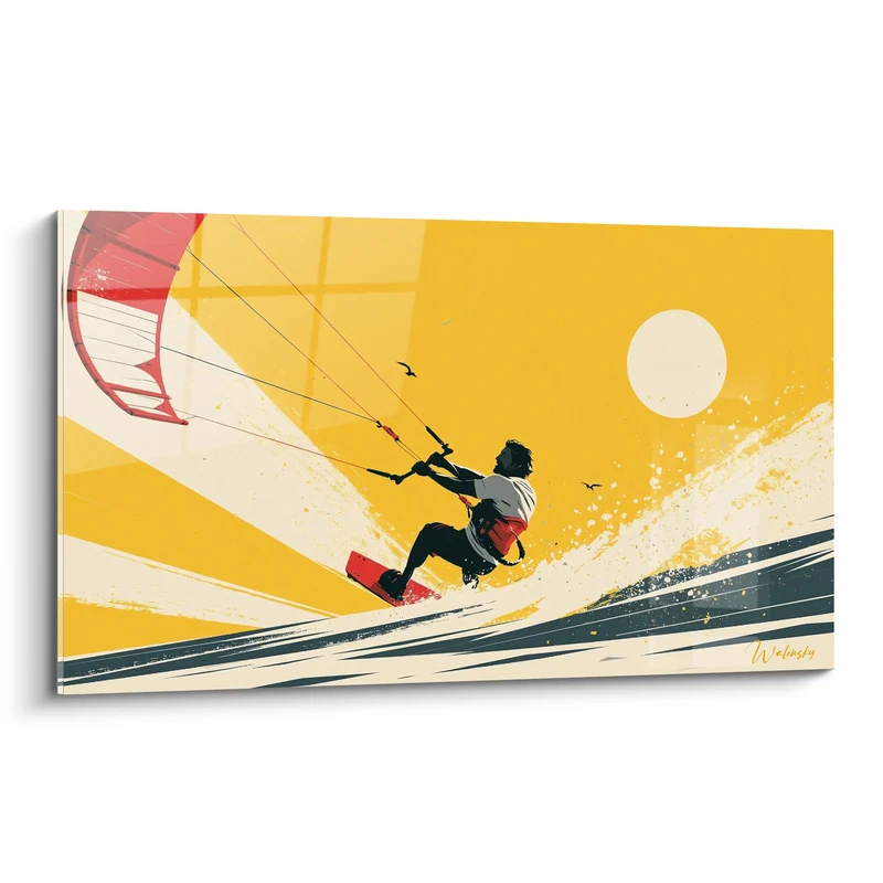 Tableau Kitesurfeur ocre et rouge sur vague écumante - Élan vers le large - Edition Kite surf