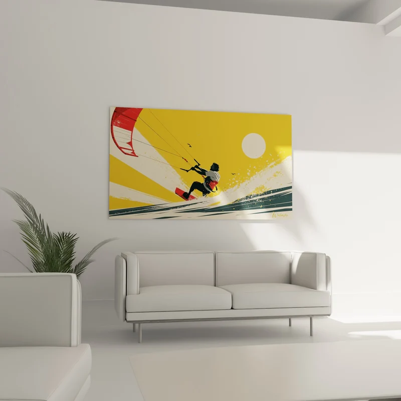 Tableau Kitesurfeur ocre et rouge sur vague écumante - Élan vers le large - Edition Kite surf