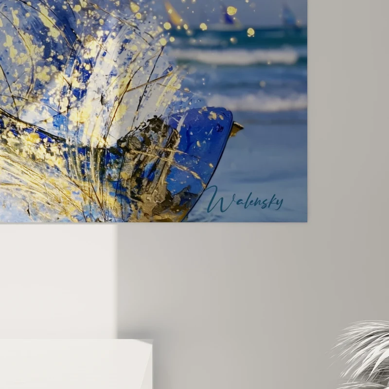 Tableau Kitesurfeuse bleu et doré en pleine glisse - Envol sur les flots - Edition Kite surf