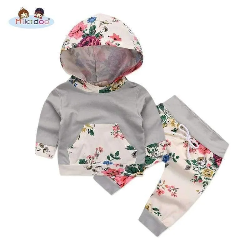 Baby Girl Hooded Clothes Set Winter Spring Floral and Striped Print Hooded Top with Pocket Pant Cotton 2PCS Tracksuit