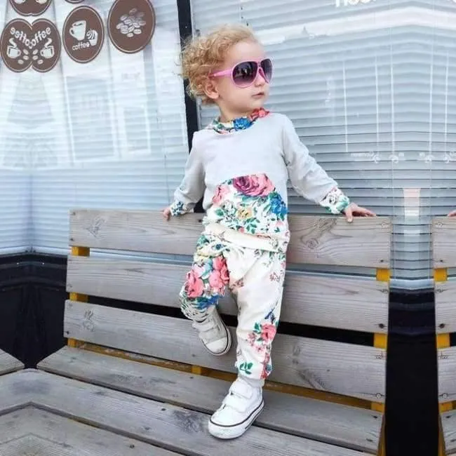 Baby Girl Hooded Clothes Set Winter Spring Floral and Striped Print Hooded Top with Pocket Pant Cotton 2PCS Tracksuit