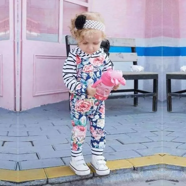 Baby Girl Hooded Clothes Set Winter Spring Floral and Striped Print Hooded Top with Pocket Pant Cotton 2PCS Tracksuit