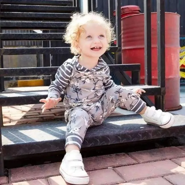 Baby Girl Hooded Clothes Set Winter Spring Floral and Striped Print Hooded Top with Pocket Pant Cotton 2PCS Tracksuit