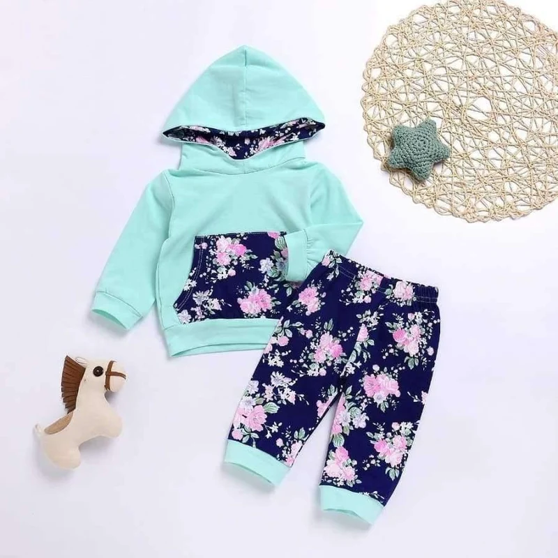 Baby Girl Hooded Clothes Set Winter Spring Floral and Striped Print Hooded Top with Pocket Pant Cotton 2PCS Tracksuit