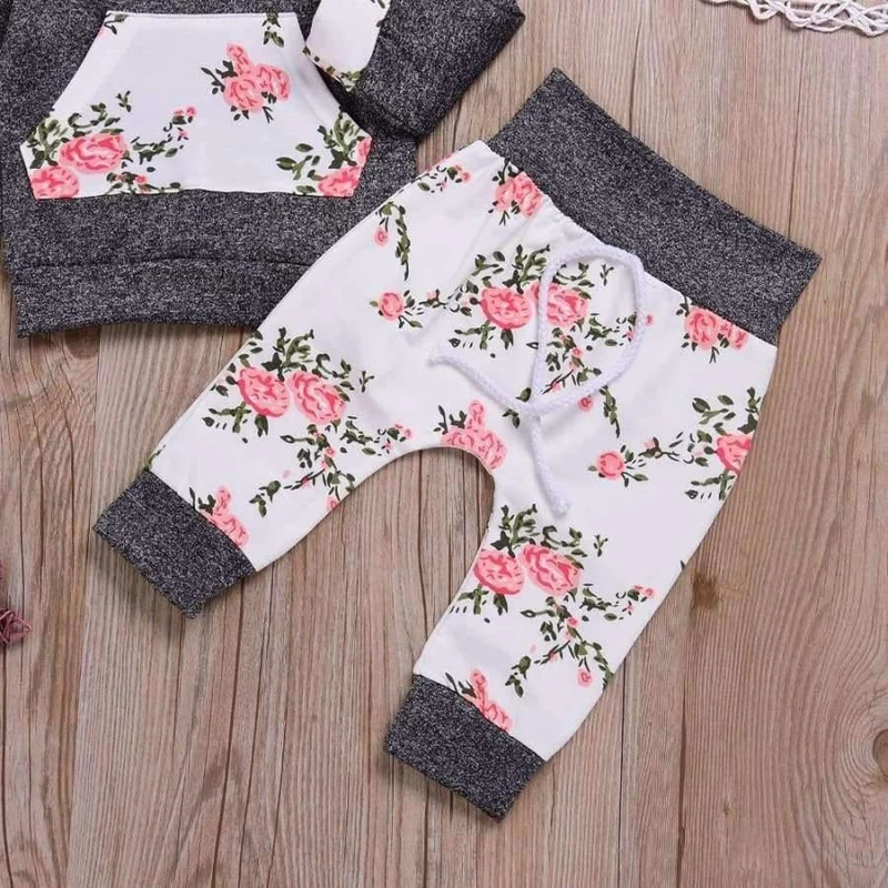 Baby Girl Hooded Clothes Set Winter Spring Floral and Striped Print Hooded Top with Pocket Pant Cotton 2PCS Tracksuit