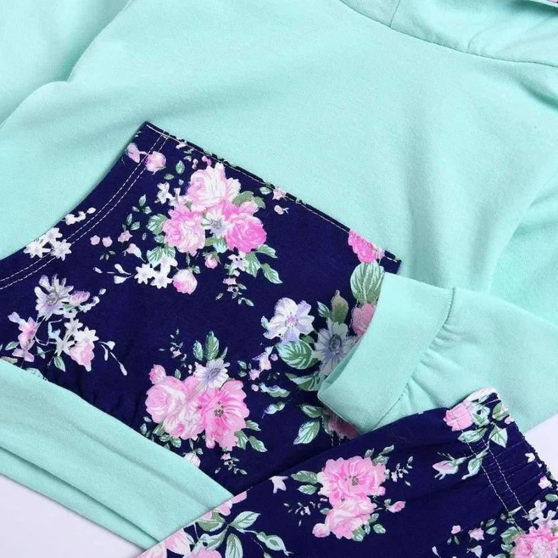 Baby Girl Hooded Clothes Set Winter Spring Floral and Striped Print Hooded Top with Pocket Pant Cotton 2PCS Tracksuit