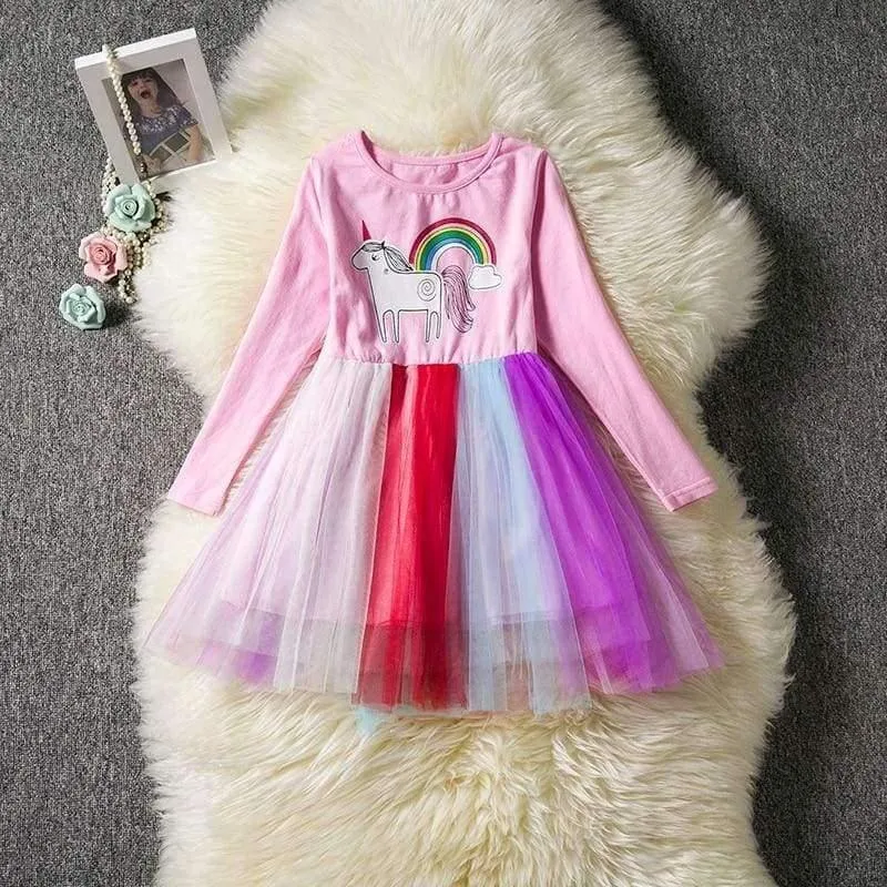 Girl Christmas Party Dress Unicorn Tutu Costume For Kids Unicorn Party Long Sleeve Dresses For Girls 2 4 6 Yrs Clothing