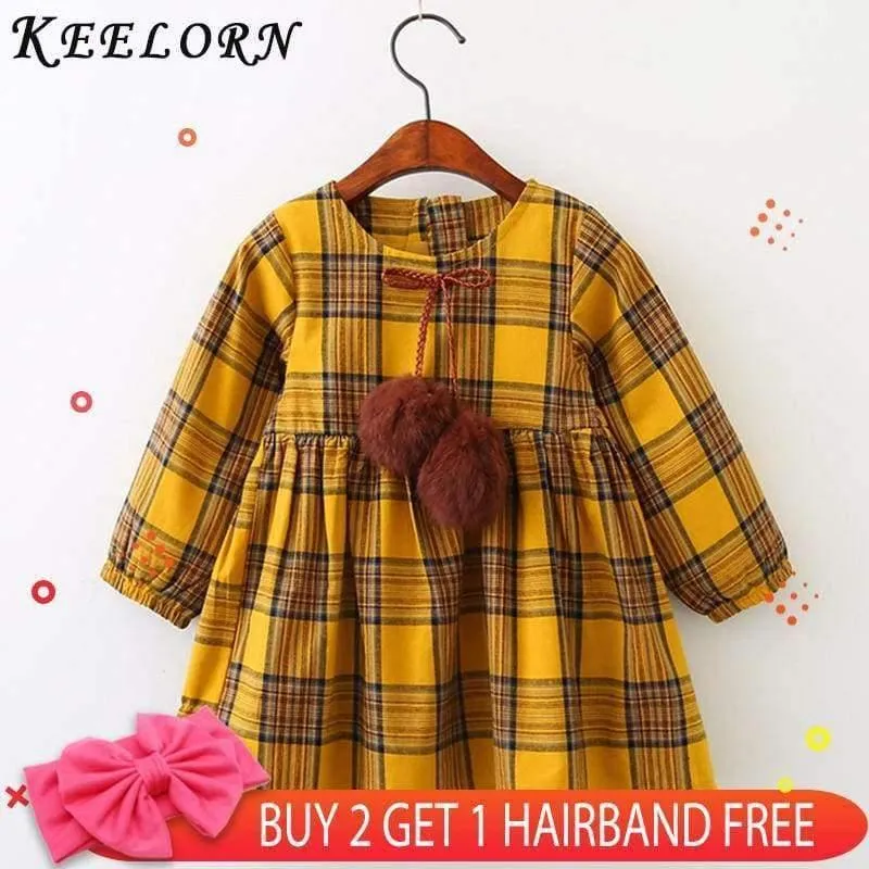 Girls Dress Autumn Winter Brand Girl Clothes Plaid Fur Ball Bow New Design Baby Girls Dress Girls Casual Dresses Kids