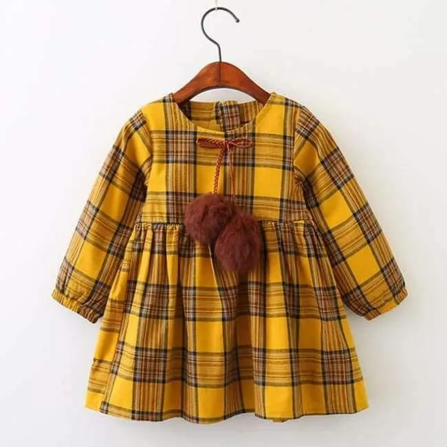 Girls Dress Autumn Winter Brand Girl Clothes Plaid Fur Ball Bow New Design Baby Girls Dress Girls Casual Dresses Kids