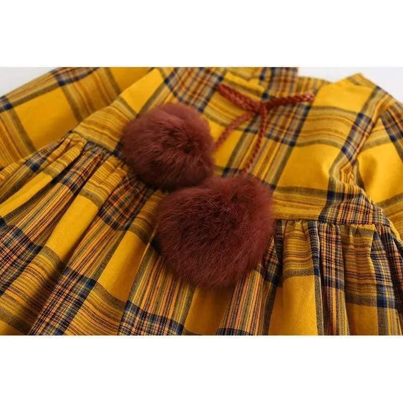 Girls Dress Autumn Winter Brand Girl Clothes Plaid Fur Ball Bow New Design Baby Girls Dress Girls Casual Dresses Kids