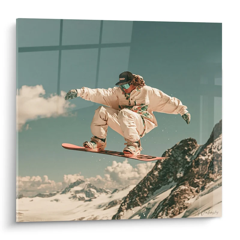 Tableau Snowboardeur beige aux montagnes enneigées - Envol sur cimes - Edition Snowboard