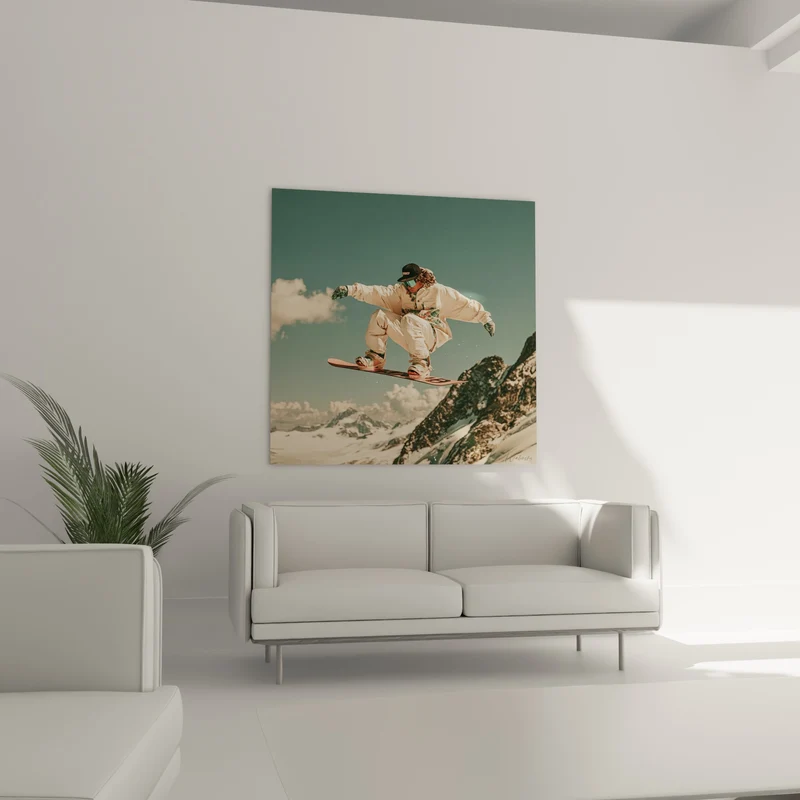Tableau Snowboardeur beige aux montagnes enneigées - Envol sur cimes - Edition Snowboard