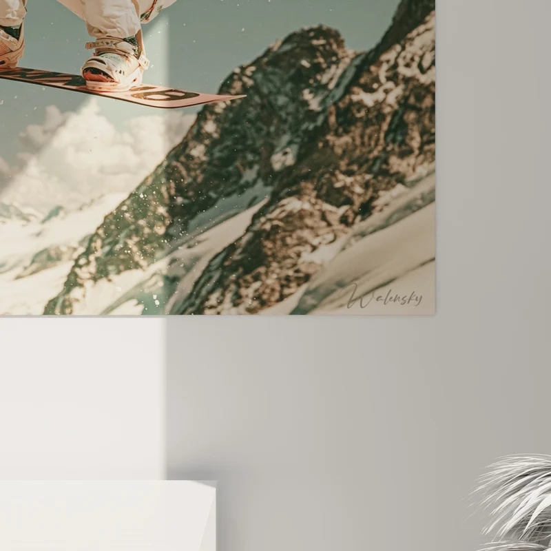 Tableau Snowboardeur beige aux montagnes enneigées - Envol sur cimes - Edition Snowboard