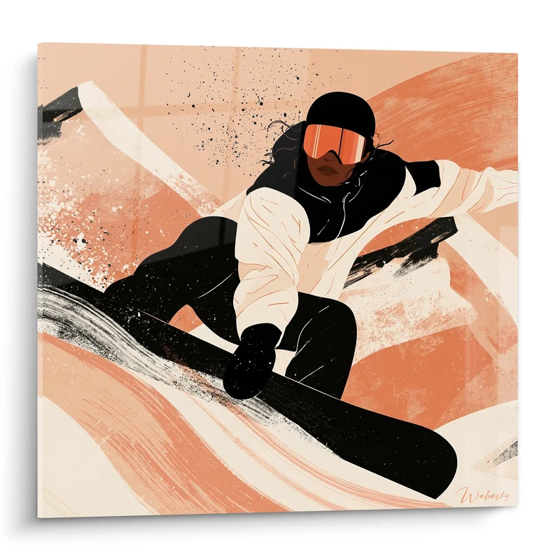 Tableau Snowboardeuse noire et corail aux cheveux dénoués - Visière ambrée striée - Edition Snowboard