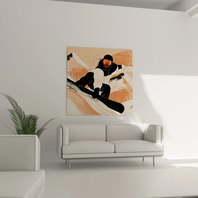 Tableau Snowboardeuse noire et corail aux cheveux dénoués - Visière ambrée striée - Edition Snowboard