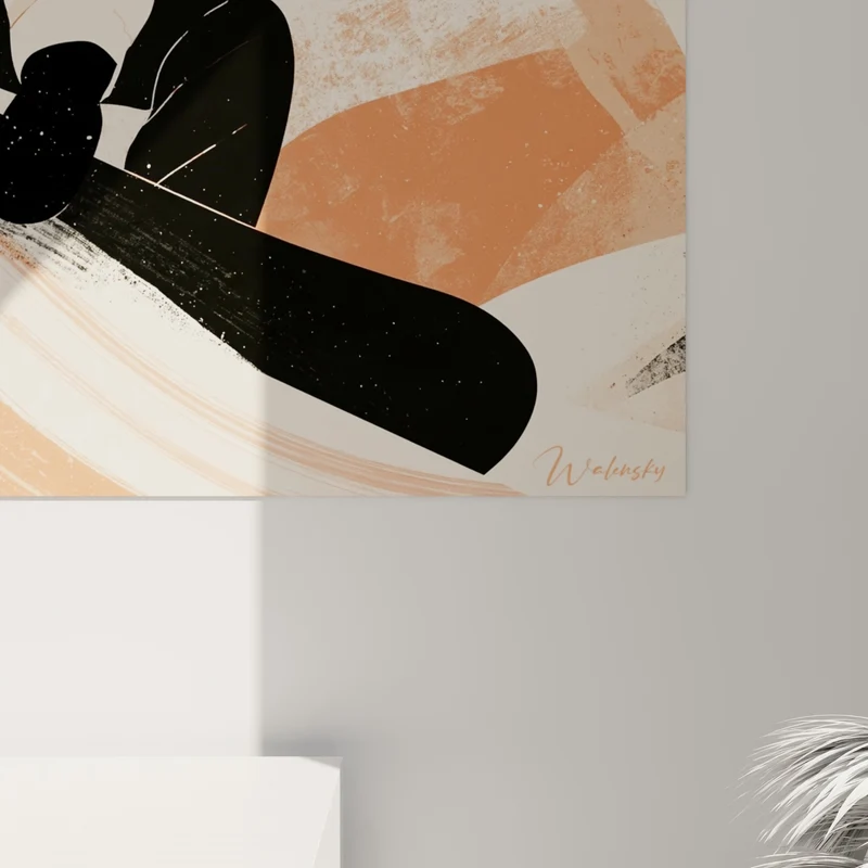 Tableau Snowboardeuse noire et corail aux cheveux dénoués - Visière ambrée striée - Edition Snowboard
