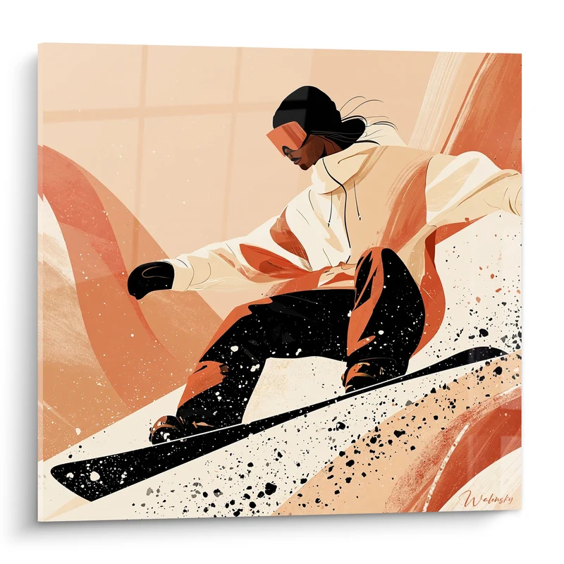 Tableau Snowboardeuse en descente terracotta et noire - Élan de vitesse - Edition Snowboard