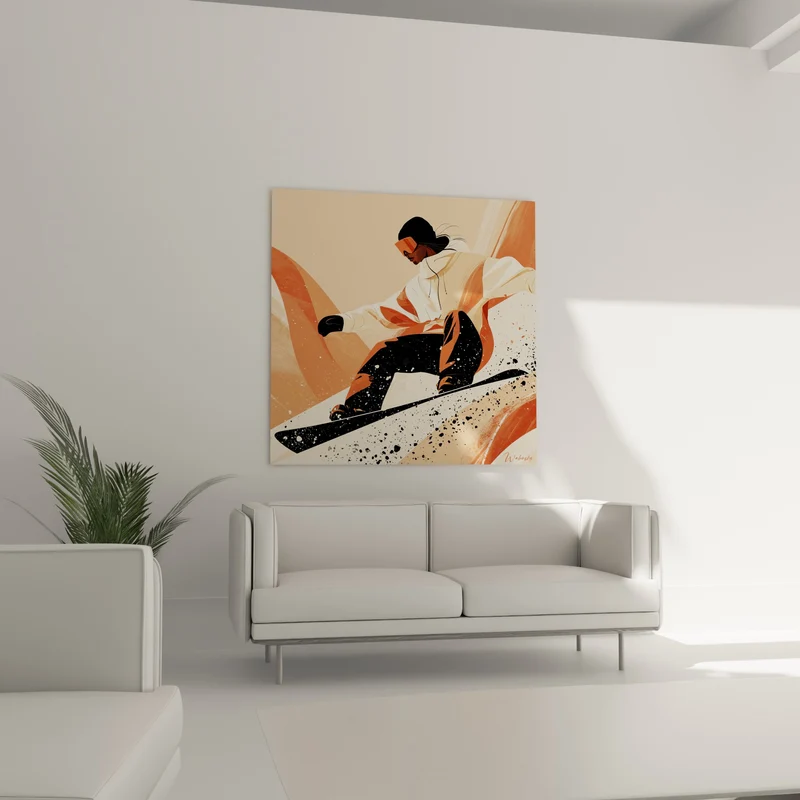 Tableau Snowboardeuse en descente terracotta et noire - Élan de vitesse - Edition Snowboard