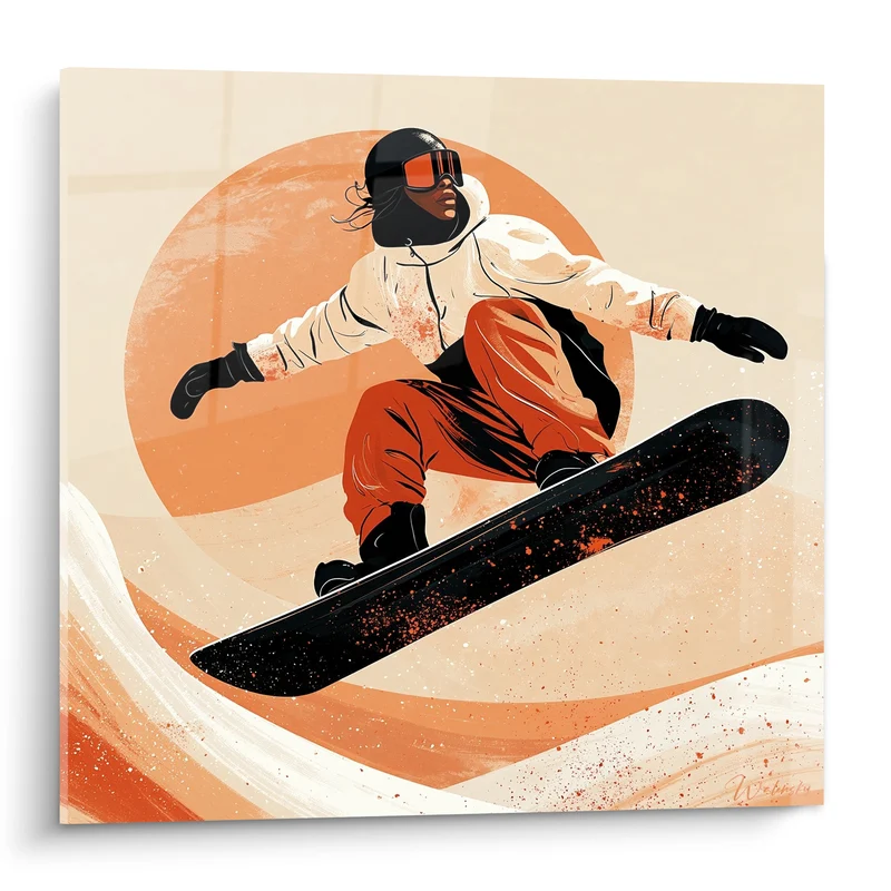 Tableau Snowboardeuse blanche et terracotta cheveux au vent - Cercle solaire orangé - Edition Snowboard