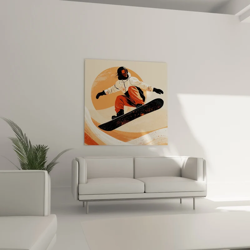 Tableau Snowboardeuse blanche et terracotta cheveux au vent - Cercle solaire orangé - Edition Snowboard