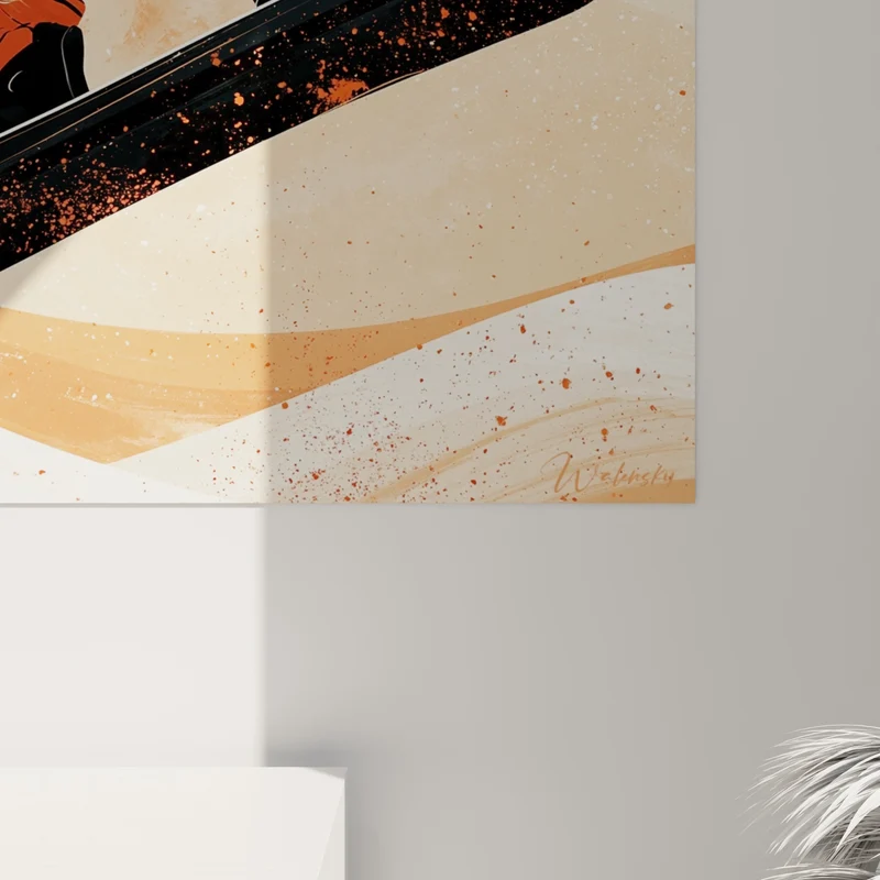 Tableau Snowboardeuse blanche et terracotta cheveux au vent - Cercle solaire orangé - Edition Snowboard