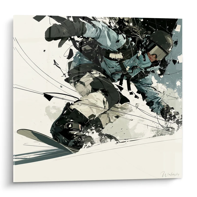 Tableau Snowboardeur bleu pétrole et anthracite en virage - Vitesse en carre - Edition Snowboard