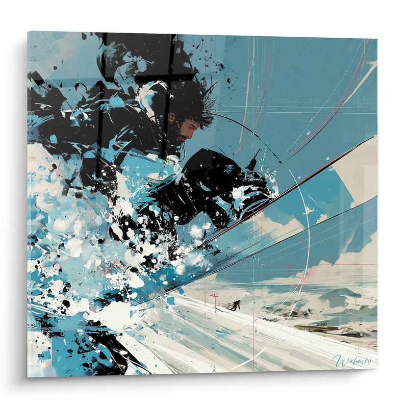 Tableau Snowboardeur bleu et noir en projection de neige - Envol poudreux - Edition Snowboard