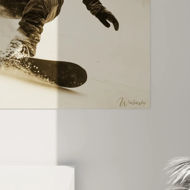 Tableau Snowboardeur noir aux éclats de neige - Virage figé - Edition Snowboard