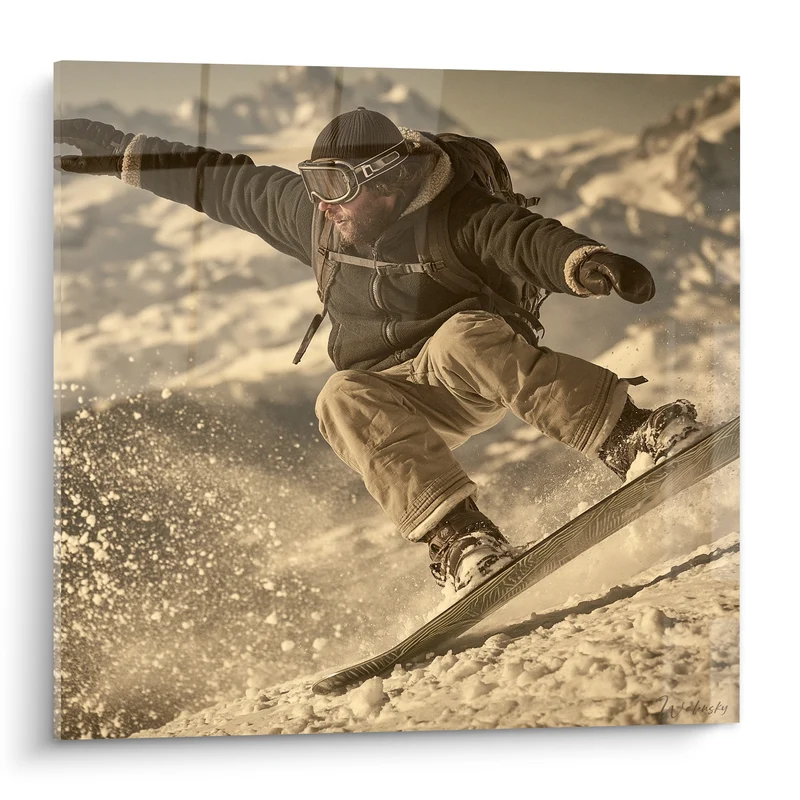 Tableau Snowboarder en vol dans la poudreuse dorée - Envol vertical - Edition Snowboard