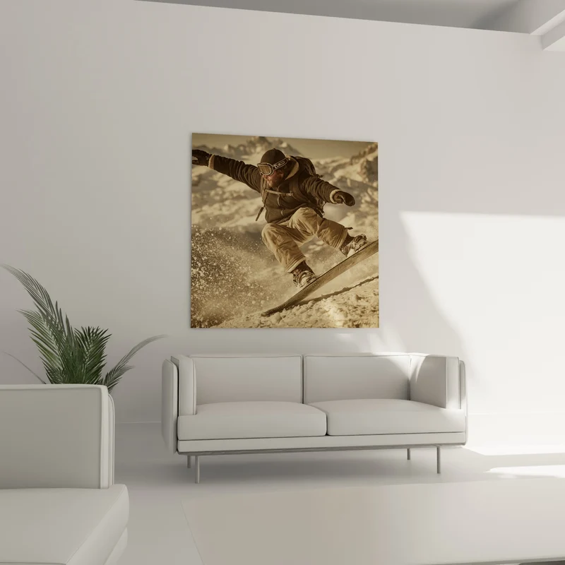 Tableau Snowboarder en vol dans la poudreuse dorée - Envol vertical - Edition Snowboard