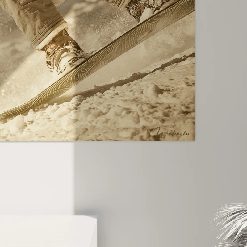 Tableau Snowboarder en vol dans la poudreuse dorée - Envol vertical - Edition Snowboard