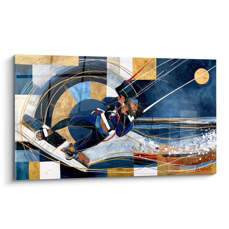 Tableau Kitesurfeur penché sur fond bleu et doré - Vertige en pleine glisse - Edition Kite surf