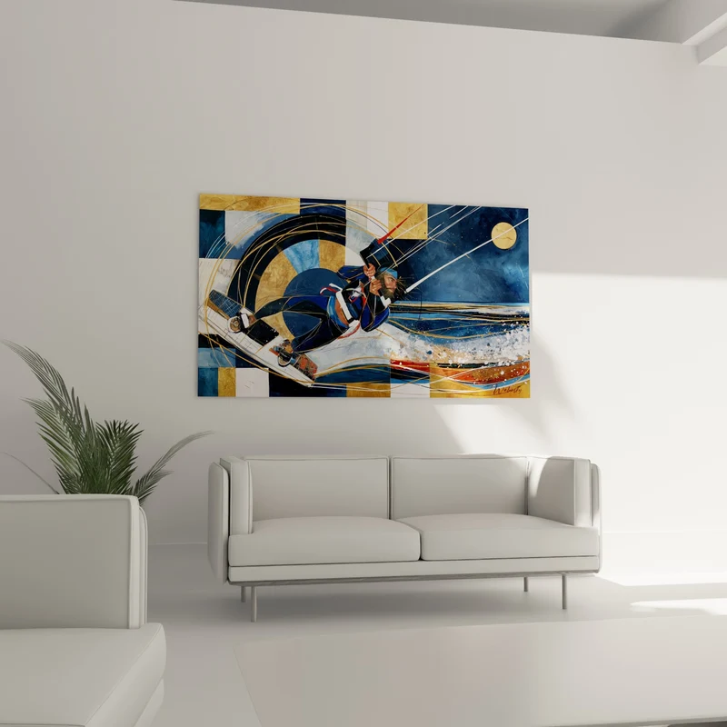 Tableau Kitesurfeur penché sur fond bleu et doré - Vertige en pleine glisse - Edition Kite surf