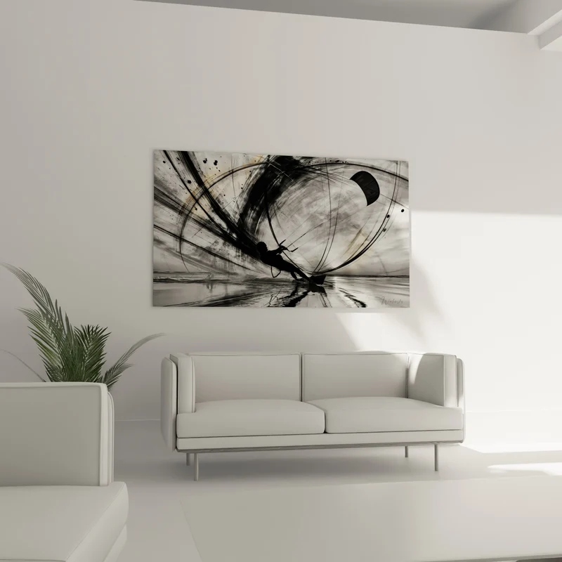 Tableau Kitesurfeur silhouette noire tourbillon gris - Vertige marin - Edition Kite surf