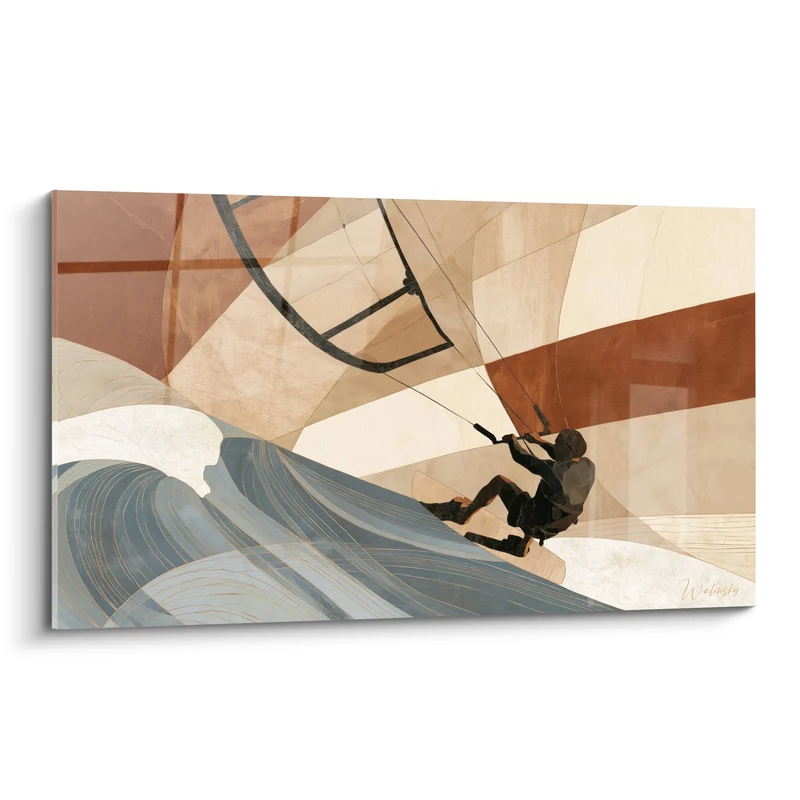 Tableau Kitesurfeur silhouette noire sur vague grise géométrique - Barre de contrôle anguleuse - Edition Kite surf