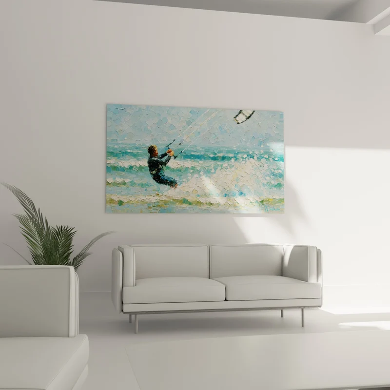 Tableau Kitesurfeur combinaison noire embruns turquoise - Fusion avec la vague - Edition Kite surf