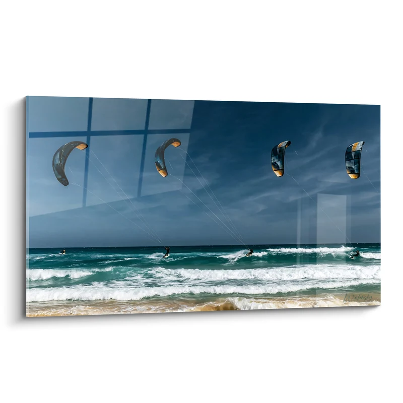 Tableau Quatre voiles bleues et turquoise sur vagues - Ballet marin - Edition Kite surf